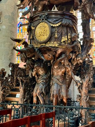 The incredible wood carved pulpit
