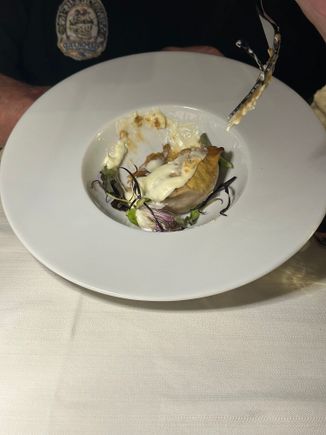 Tortine of swordfish and eggplant (came topped with the two perfect friend shrimp which were donated to me, see photo at left). Excellent.  (18euro)