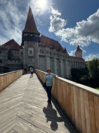 A remarkably long footbridge over a very deep moat