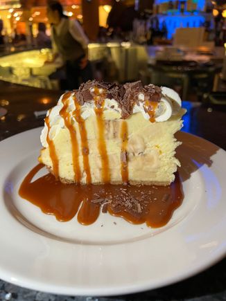 Emeril Lagasse's bananna cream pie. It was pretty dark at the bar counter but I was able to get a little assistance from my brother in law. It cost me several bites of pie.
