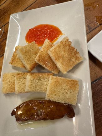 An ideal pairing with a Pedro Jimenez sherry:  Foie gras with a red pepper jam and toast points....among the many, many "must orders" at Casa Morales, Sevilla