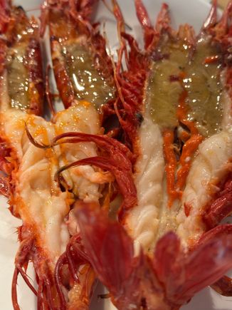 Pair of scarlet Carabinero prawns...my favorite thing to order here.   Look at the juicy inside liquid!!