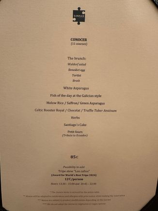 This is the shorter of the two tasting menus; we do not normally prefer tasting menus--an endless parade of dishes--far too many disparate tastes and far too much food, and often, far too expensive.  This was different and we LOVED it....