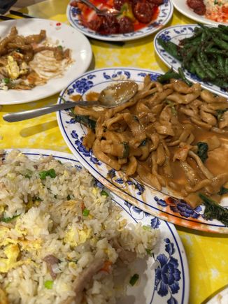 SHANDONG restaurant in Oakland chinatown--from lower left:  fried rice, sesame noodles, dry-fried string beans, sweet and sour pork