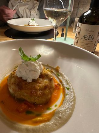 Astounding eggplant with stratciatella and a tomato puree at SERRI BISTROT