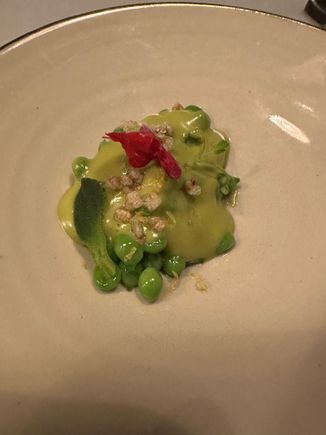 The much anticipated “green pearls,” the spring peas from the Ebro Delta, available only a few weeks a year and commanding high prices. There are other similar peas in Galicia and other regions   When you see these on a menu do not hesitate.   These were in a light sauce of the vegetable called “glacial ficoide” which I’d not seen before.    With pistachio crumble.    The ultimate in seasonal product-driven food, this was heavenly. I took a half order.