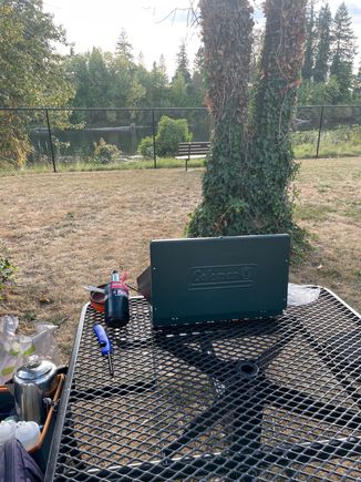 We are staying in Kevin and Eileen's front yard, but we decided to set up our cook stove in a little park on the river.