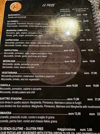 One of the three pages listing the pizze