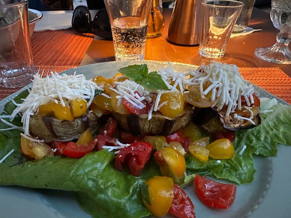 My eggplant slices, layered with delicious tomatoes and served at room temperature...my appetite was lagging last night and I could barely manage half of this dish..