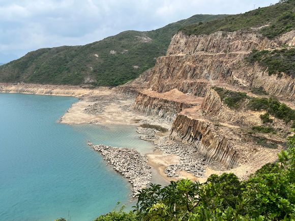 High Island reservoir - the hexagonal columns are most visible on the eastern end by the East Dam