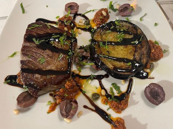 Tuna prepared Sicilian style – eggplant, capers, olives, balsamic