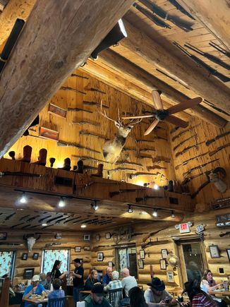BBQ spot in Gardiner. Guns all over the walls and ceilings. I can't imagine why out of country visitors think america is all about guns........