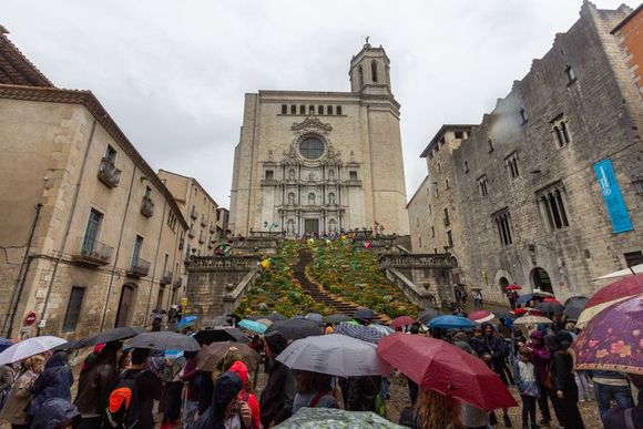 From the square looking up; the canopy of umbrellas adds a colorful touch!