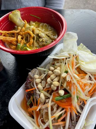 Chicken curry and blue crab papaya salad at Wat Thai Food Court