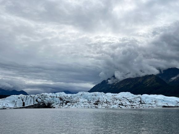 Looking back at Matanuska glacier across the glacier lake