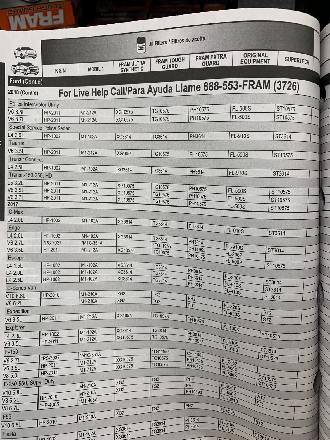 Kia Oil Filters Chart