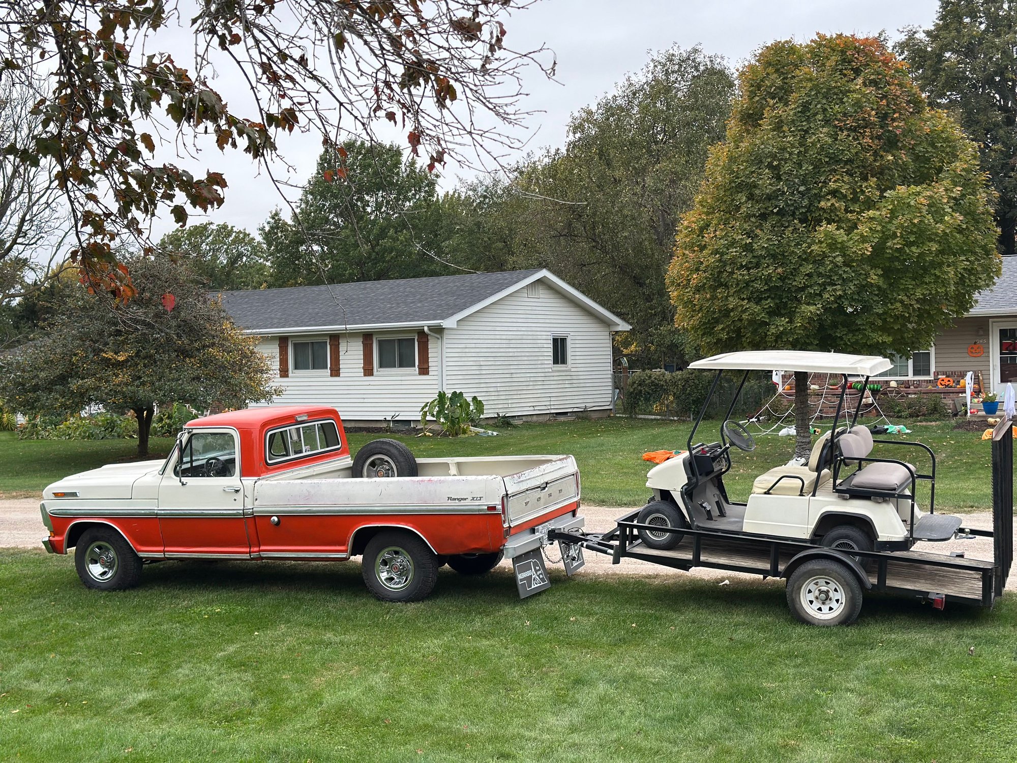 Towed the golf cart this weekend out to a friends campground for a trick or treating event. The golf cart was another resurrection project where I traded my late daughter�s free go cart for the golf cart. I ended up having to rebuild the engine in it. She was hell on wheels in this thing. Good thing I upgraded trailers this summer, I never towed the cart as it was delivered but it wouldn�t have fit on the 8 foot trailer. 