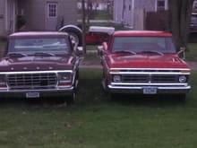 My red 77 F250 next to my 79 F250 Lariat where the neighbor/PO dropped it off when I bought it