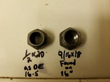 lug nut on left is 13/16 as OE. Lug nut on left is used by 16 inch wheel and is 7/8"
