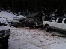 pulling out the 71 from under the camper, that's our 99 f350 in front of it, my uncles chevy to the left...