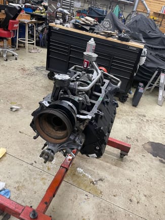 If you look closely you'll notice the motors not in the truck yet. The oil pump driveshaft was not installed prior to installing the oil pump! Oops, Re-do!