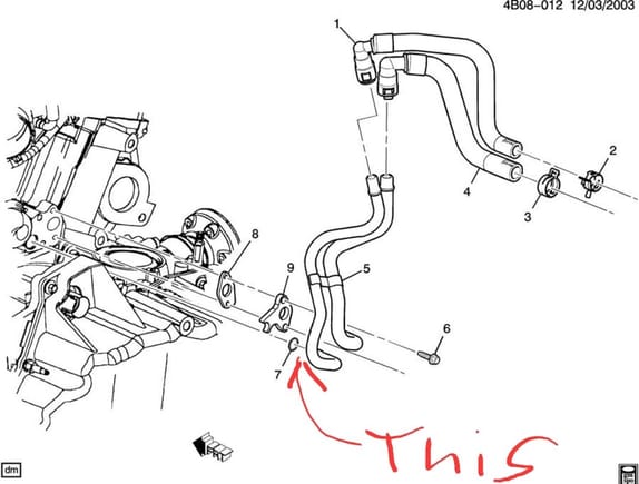 GM heater pipe seal, part number 19351800. This diagram is likely from an Acadia or similar longitudinal engine vehicle, but demonstrates the same part and application as a 2005 Buick LaCrosse CXS with 3.6L LY7 engine.