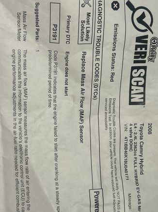 2008 camry hybrid code print out P3191