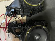 Pods sealed, polyfilled and Mid Bass Installed.  Semi-Pro tip.  Don't use the shitty screws that come with the speakers.  The heads are so soft they strip right out.  Use the HD OEM screws.  They may be big and ugly, but they don't strips and a little black paint they will disappear.