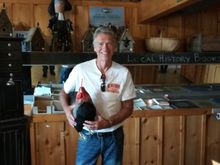 Paul with his new found rooster friend. No folks it's not alive. Lol