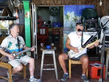 After picking up our laundry a stop on the way back at Crazy Canucks bar where Daryl (right) a local to Ambergris and Greg (Left) from Sudbury Ontario treated us to some afternoon tunes.