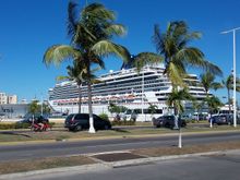 A cruise ship in port at the bus transfer point.
