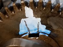 My paint is a little misleading, but both cams look just a bit ahead of the tooth opposite the timing mark