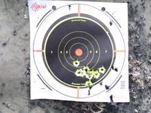 My grouping at 7 yards with lazermax on an LCP. I still may need to tweak the lazer sight ( its low and right) and work on my grip. I wouldnt have been able to acheive this without the lazer