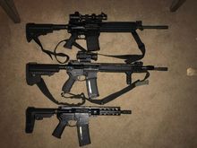 Top, Colt LE 901(308 convertible to 5.56) middle, Noveske (5.56) bottom, AR pistol in (300 blackout) 8.5” barrel.