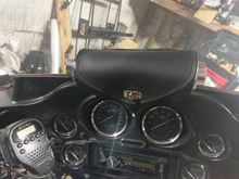 Temporary quick and dirty horn mount version 1.0.  There may never be a 2.0 version as i need the space in the bag.  I will peobably leave this until i complete my permanent mount.   Sound wise it actually works very well eith the sound bouncing off the flared windshield.  I learned seceral lessons such as do not use a hole saw and dont forget to make a hole for tbe wires ( I did.)   i finished ar midnight and was dying to hear it loud so i went on the freeway. It sounded great!   Thx Haze!