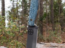 Half Face Blades Custom Scout Blue coral over dyed burl wood scales, Initials engraved on the blade.