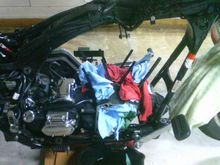 Motor, starter, heads, jugs, cam chest and transmission all pulled.