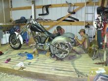 Trike 12
Still playing with the cut but there you go at least we got the 2 fenders on. Just waiting for them skins. Need them 300's bad. Should be here on monday. Would have just ordered up a set, but Billy said hold the phone get them thru a friend or a friend *LOL* ;-)

BTW there is those nice 75.00 chrome hand controls looks good. I also change to a 4" 1.25 riser here. 

Now remember this bike is for my 125lbs wife boys and the fat little modigger is her taste funny? Somehow can't wait to see the look on the boys faces at bike night