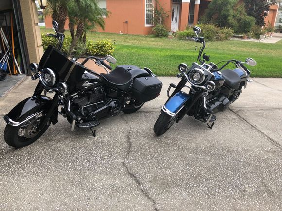 I originally traded my dresser Road King for the 114 Black Heritage because no dealer would give me a good price on the Anniversary Heritage 114.After I bought it, one of the dealers I spoke to contacted me back to make the deal I wanted, so I traded in my wife’s 2012 Deluxe and got the Anniversary Heritage 114.Traded the black one for the FatBoy. Whe she rides with me, she takes the Heritage and I ride the Fat Boy. I put the bags back on the Heritage so when I need the storage it is available.