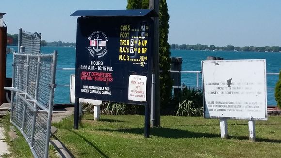 The ferry terminal at Sombra Ontario which ferries cars and trucks to Marine City Michigan. Cost for motorcycles in $4.00 Canadian. You will need your ID (passport or Nexus card) to access the USA.