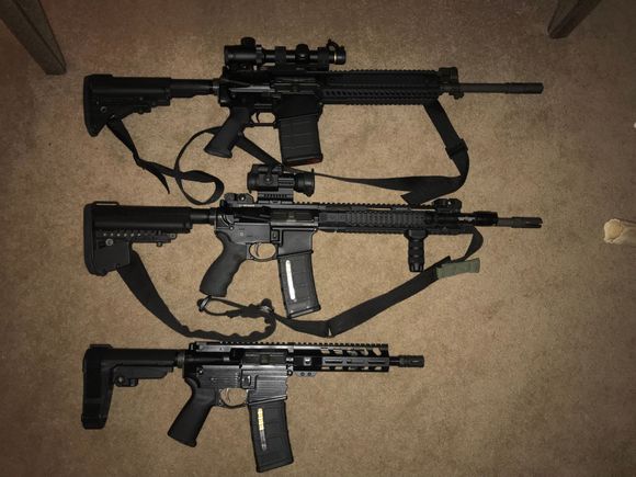 Top, Colt LE 901(308 convertible to 5.56) middle, Noveske (5.56) bottom, AR pistol in (300 blackout) 8.5” barrel.