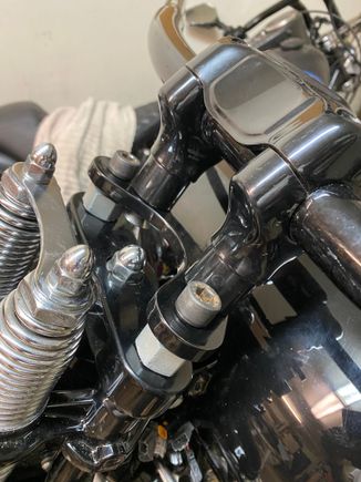 Oh, What Bars?
I’m keeping my Digital Dash. (I actually Like it) so, gotta Run Risers. (Yes, I’ve seen the Dash Mount for T-Bars,... I have T-Bars on another bike, I don’t want to repeat that bike) 
Springer Risers are 4 ¾” OC. Breakout Dash is for a 3 ½” spread. 
They make an Adapter, and tell you it doesn’t work on a HD Springer,... look under it! Lil V-TwinRiser Studs. They thread into the ⅝” fine thread Springer Leg, and are drilled n tapped for ½” coarse thread. 
And It works.