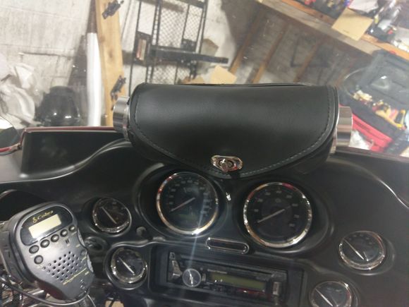 Temporary quick and dirty horn mount version 1.0.  There may never be a 2.0 version as i need the space in the bag.  I will peobably leave this until i complete my permanent mount.   Sound wise it actually works very well eith the sound bouncing off the flared windshield.  I learned seceral lessons such as do not use a hole saw and dont forget to make a hole for tbe wires ( I did.)   i finished ar midnight and was dying to hear it loud so i went on the freeway. It sounded great!   Thx Haze!