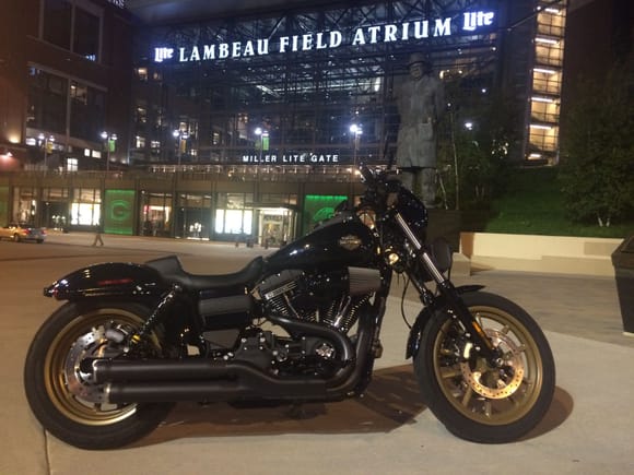 My FXDL-S at Lambeau Field. Vince Lombardi statue in the background.