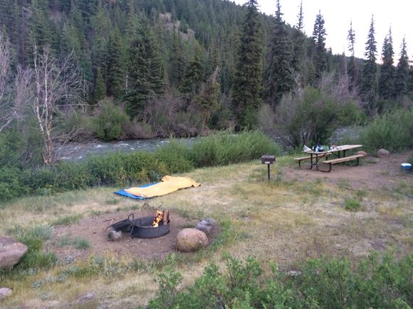 The one and only time I camped the whole trip. It was so nice I didn't even set the tent up. It's a little park with only two other campsites taking. This place is on CO149 just outside of Creede CO.