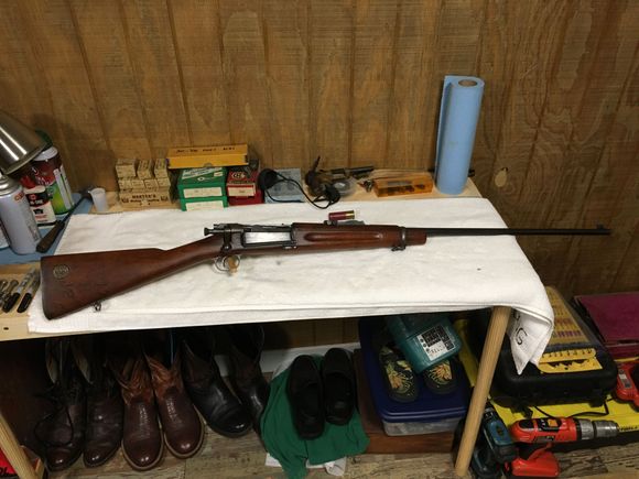 1898 Krag .30-40 Government w/ standard length 30" barrel. The stock's forearm has been cut down as it should extend nearly to the muzzle.