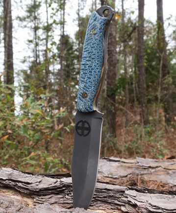 Half Face Blades Custom Scout Blue coral over dyed burl wood scales, Initials engraved on the blade.