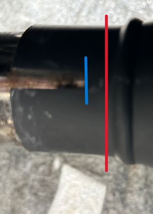 Muffler limited by the rear mounting bracket but still goes PAST the slip-on's cutouts (red line). The black shadow to the right of the blue line is not part of the cutout.