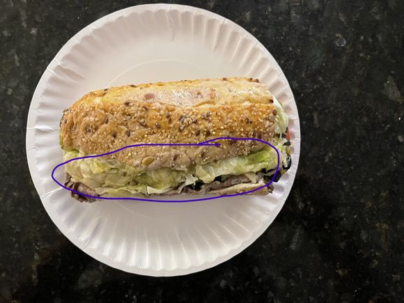 This part of the above marked in blue, is super "sweet".  I could easily, easily eat down the end that is marked in blue.  This is like the absolute, 100% best part of the sub.