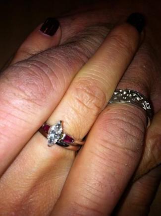 He first gave me the diamond in 1993 but life got in the way. Wedding ring was my grandmas and a new ring for him.  Marrying the love of my life was worth the wait.